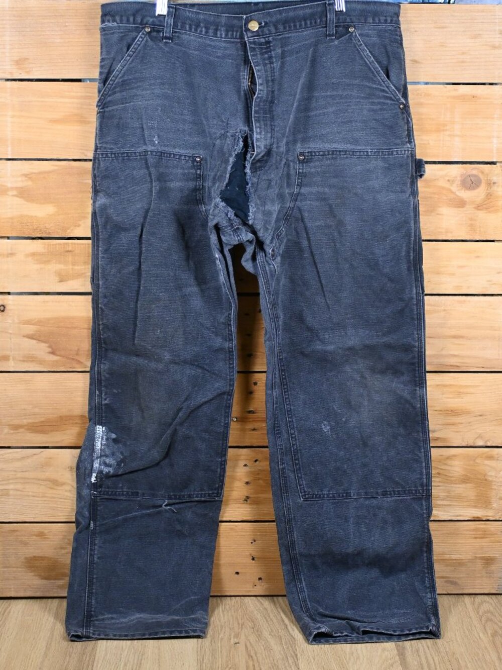 Vintage Distressed Carhartt B01 Double Knee Canvas Work Pants in Black - USA